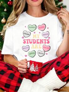 My Students Are Friendly Kind Strong Enough Creative Loved Brave Worth It Teacher Gift ShirtValentine's Day Fun Printing, Ladies' T-Shirts With Round Neck And Short Sleeves, Suitable For Christmas Partiessports Activitiesholiday Partiesoutingsdatessports Daily Leisureholiday Gifts (220g). - 白色 - 查看 2