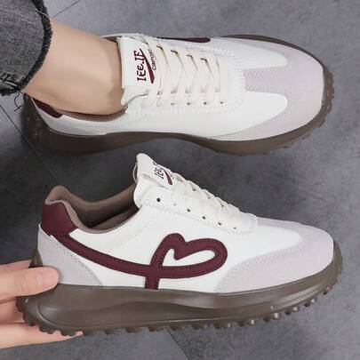 Women's Fashion Casual Outdoor Shoes, Comfortable Athletic Sneakers For All Seasons, Minimalist Lace-Up Formal Commute Casual Shoes, Campus Style Heart-Shaped Street Walking Shoes