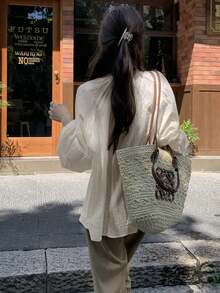 Women's 3D Floral Raglan Sleeve Single-Breasted Loose Blouse - Apricot - View 7