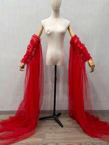 Accessoire de tulle de mariée rouge, châle éthéré fait main, convient pour hôtesse, dîner de gala, robe de soirée, cache-manches traînants, châle traînant - Rouge - Voir 3
