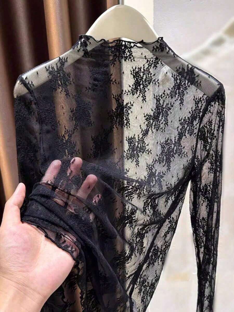 2025 New Lace Mock Neck Layering Sheer Mesh Long Sleeve Undershirt For Women, Spring/Summer/Autumn - 棕色 - 查看 1