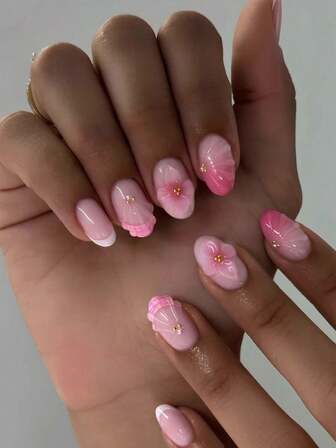 24Pcs Short Oval 3D Gelnail Makes Flower Nails With Pearl Design French Acrylic Press On Nails Short Perfect Fit Fake Nail Set,Include: 1pc Jelly Glue And 1pc Nail File,Summer Nails And French Tip Nails Make Your Fingertips Shine And Beautiful, Very Suitable For Woman Girl Daily Work & Rave Party Use