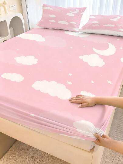2/3pcs Pink Cloud & Moon Pattern Bedding Set - Soft Microfiber Bed Sheet And Pillowcase, Starry Sky Design, Non-Slip Cute Mattress Protector, Dreamy Girls Bedroom Decor (Twin/Full/Queen)