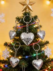 Herzförmiger reflektierender Spiegelkugel Schlüsselanhänger Anhänger, kreative Weihnachts Disco Liebe Ornament Kugel Schlüsselring, Taschenanhänger, Party & Outdoor Garten Dekoration - Silber - Übersicht 5