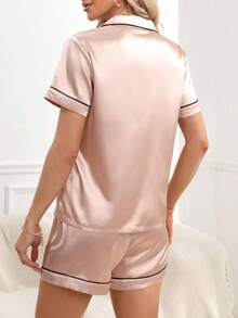 Contrast Piping Satin PJ Set / Pajama Set - 香檳色 - 查看 2