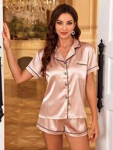 Contrast Piping Satin PJ Set / Pajama Set - 香檳2 - 查看 4