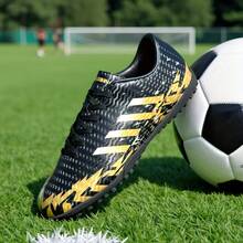 1双男女通用可拆卸钉足球鞋，低帮户外人造草坪训练鞋，室内训练场地专用运动鞋，系带设计，防滑橡胶鞋底TF短钉，轻便高性能防滑设计，高帮专业足球鞋，厂家直销，多种颜色可选 - 黑金 - 查看 9