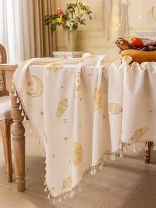 1pc Beige Rectangular Tablecloth, Boho Style With Tassels, Moon, Lanterns, Stars, Geometric Patterns, Washable, Suitable For Dining Table, Coffee Table, Kitchen, Living Room, Meals, Gatherings, Parties, Holiday Celebrations, Islamic Festivals, Gifts - Beige - View 1
