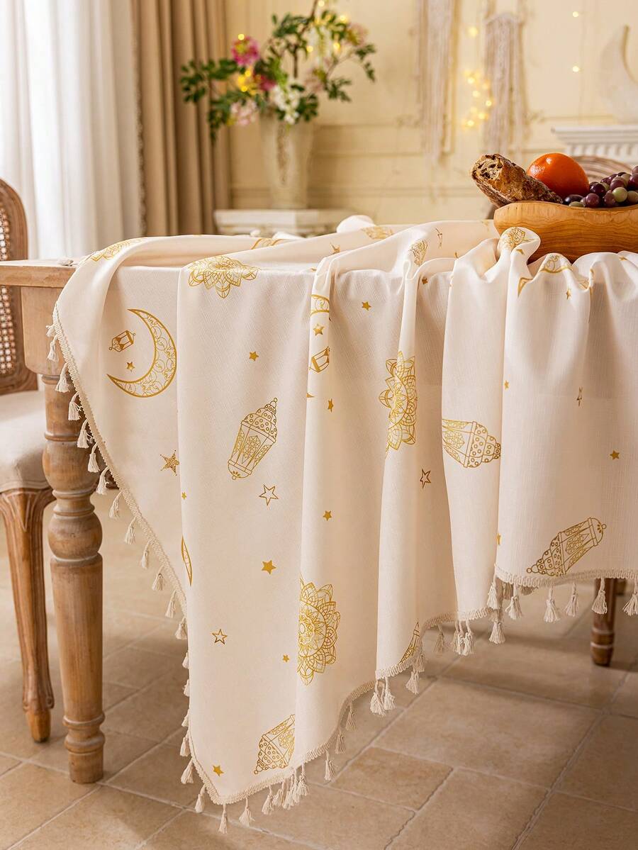 1pc Beige Rectangular Tablecloth, Boho Style With Tassels, Moon, Lanterns, Stars, Geometric Patterns, Washable, Suitable For Dining Table, Coffee Table, Kitchen, Living Room, Meals, Gatherings, Parties, Holiday Celebrations, Islamic Festivals, Gifts - Beige - View 1