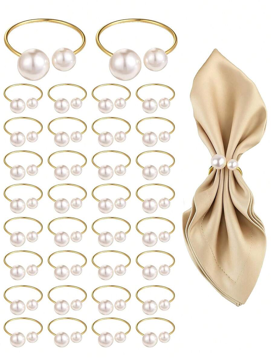 25/50pcs Gold Pearl Napkin Rings Set, Elegant Napkin Ring Holders With Faux Pearls, Refined Napkin Rings For Weddings, Thanksgiving, Parties, Tableware