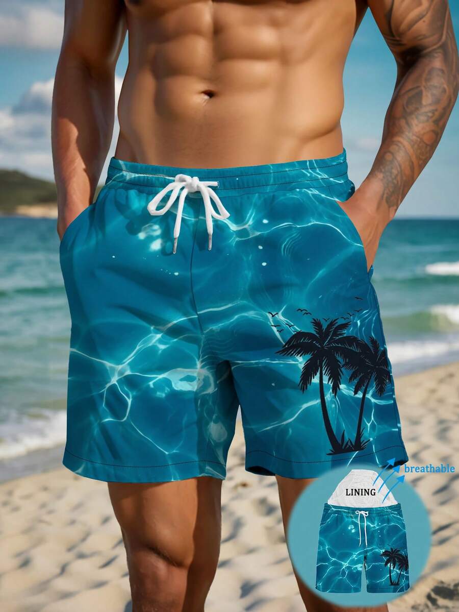 Men's Summer Coconut Tree Print Drawstring Waist Slant Pocket Quick Dry Double Layer Mesh Lined Shorts, Fashionable Casual Tropical Hawaiian Beach Vacation 3/4 Shorts, Beach Pants, Swim Trunks - Black - View 1