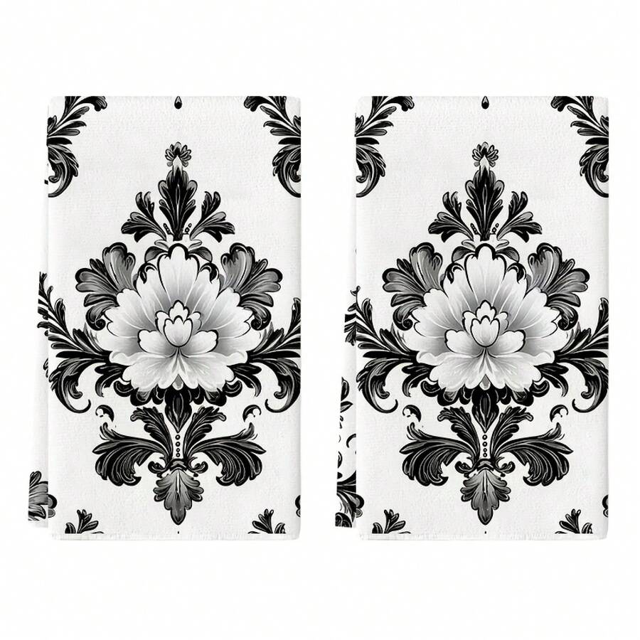 2pcs Elegant Black & White Damask Floral Kitchen Towels - Vintage Polyester Hand Towels, 16x24 Inch, Ideal For Farmhouse Decor & Holiday Use, Hand Wash Only, Kitchen Dish Towels, Napkins, BBNNI15PEA69 - 白色 - 查看 1