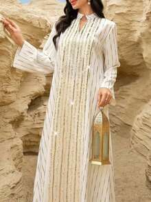 Elegant White Maxi Kaftan With Gold Sequin Stripes And Notched Neck Long Bell Sleeves Woven Fabric For Special Occasions Vacation - Apricot - View 2