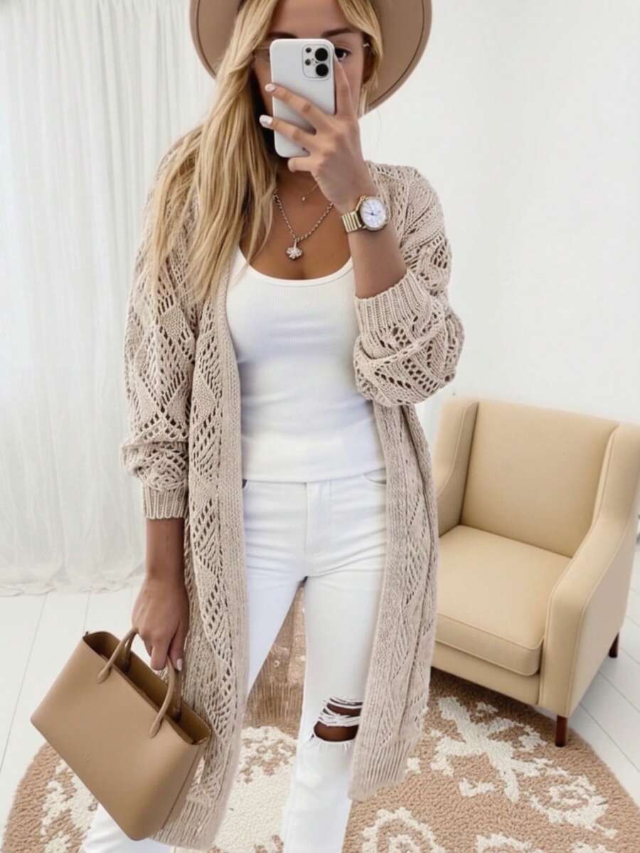 Women's Casual Long Sleeve Solid Color Hollow Out Knit Cardigan - Button Front Spring - Apricot - View 1