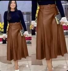 Women's Long Skirt, Godet Style, Leather Fabric With Belt Loops, Simple And Elegant, Evangelical Fashion, PU Leather, Side Zipper, Office Style - 駝色 - 查看 4