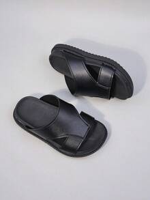 1 Pair Kids' Unisex Cross-Cut Wide Strap Slide Sandals, Smooth Breathable Non-Slip Thick Cushioned Flat Bottom, Minimalist Korean Style Summer Outdoor Beach Home Wear Shoes - Black - View 6