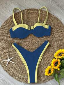 Bộ bikini nữ phối màu xanh dương và vàng gợi cảm mới về mùa xuân/hè, trang phục đi biển, dự tiệc, hẹn hò hoặc đi nghỉ mát. - Xanh và Vàng - Xem 4
