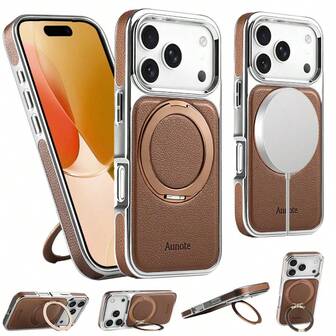  1 st Aunote svart/vitt/grått/brunt lyxigt litchi-kornigt PU-läder, elektropläterat magnetiskt stativ för telefon, med elektropläterat TPU-mjukt kantskydd, halkfri PU-läderdesign på sidan, 360° slät roterande ringhållare, perfekt för streaming, kontor, fotografering, stöder trådlös laddning, bilfäste, kompatibel med iPhone 16/16 Pro/16 Pro Max/17/17 Pro/Air/17 Pro Max, unisex premiumpresent