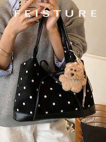 1个波点仿麂皮手提包，时尚女士手提包，单肩包，适合通勤、约会、日常使用，附赠吊坠 - 黑色 - 查看 7
