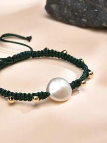 1 buah Gelang Kepang Buatan Tangan Berlapis Emas 18K dengan Mutiara Alami, Cocok untuk Pria dan Wanita, untuk Pemakaian Sehari-hari - Hijau - View 2