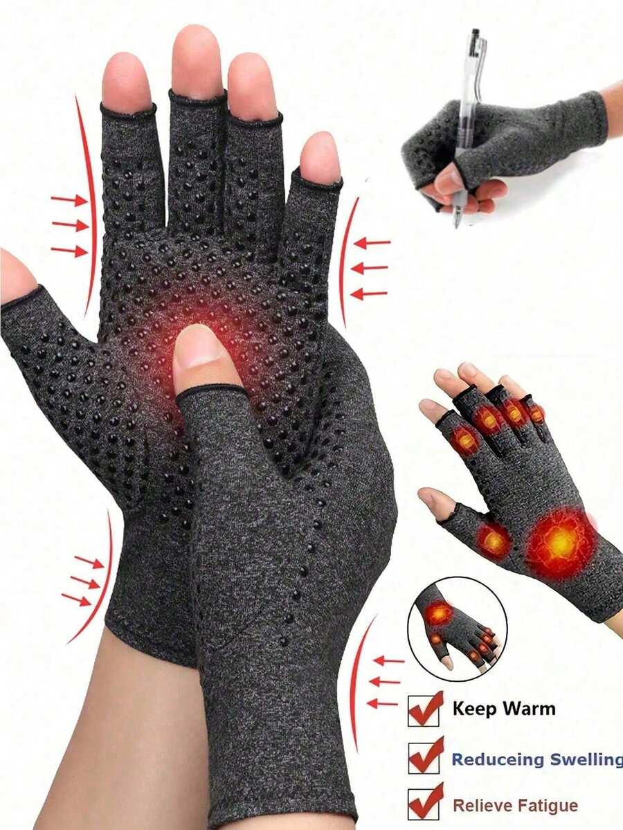 1 Pair Unisex Arthritis Gloves Grey Fingerless Gloves Warm Elastic Knit Gloves For Women & Men - Multicolor - View 1