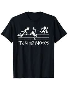 Camiseta gráfica 'Note Moment' para hombres de estilo masculino y femenino - Divertida camiseta negra de cuello redondo de manga corta con diseño simple de personaje blanco, patrón de acción dinámica que incluye baquetas y raqueta, adecuada para entusiastas de la música y uso casual diario de aficionados al deporte |   Ligero y cómodo, se adapta bien a la forma del cuerpo. - Negro - Ver 7
