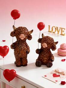 1/2pcs Highland Cow Statue With Red Balloon, Resin Animal Decor, Tiered Tray Centerpiece For Home, Bedroom Decorative Figurine, Tabletop Ornament, Gift For Valentine's Day, Christmas, Birthday, Summer Garden Decor - Multicolor - View 2