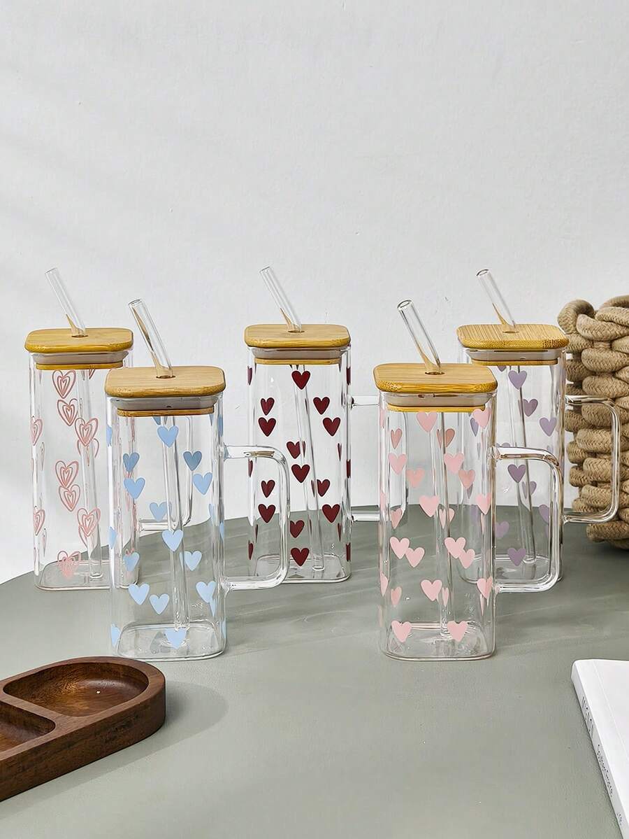 1pc Ins Style Bow & Heart Glass Straw Cup, Transparent Handle Water Cup, Breakfast Milk Cup, Office Water Cup, Home Afternoon Tea Coffee Cup, Juice & Cold Drink Cup, Couple Water Cup, Holiday Gift Cup, Gift For Family And Friends