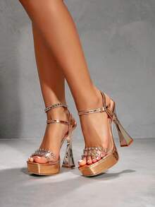 Fashionable Sexy Nightclub Style Rhinestone Waterproof Platform High Heel Party Shoes For Women - Champagne - View 4