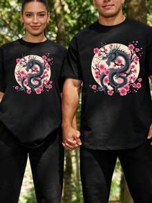 Camiseta vintage de dragón chino, arte asiático, flor de cerezo rosa, camisetas gráficas para hombres, tops cortos, conjuntos de camisetas para parejas, camiseta para hombres - Negro 1 pieza HOMBRE - Ver 1