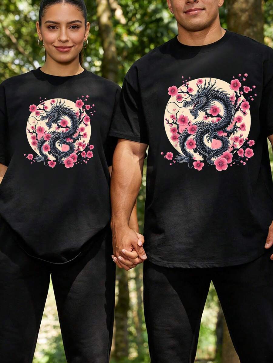 Camiseta vintage de dragón chino, arte asiático, flor de cerezo rosa, camisetas gráficas para hombres, tops cortos, conjuntos de camisetas para parejas, camiseta para hombres - Negro 1 pieza HOMBRE - Ver 1