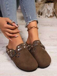 Women's Round Toe Sequin Buckle Strap Shoes, Fashionable, Casual, Comfortable, Convenient Slip-On, Suitable For Daily, Commute, Party - Brown - View 5