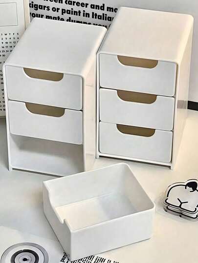 三合一迷你桌面收纳架，米色桌面化妆品收纳架，浴室梳妆台置物架，迷你三层可堆叠塑料桌面收纳架，带抽屉，现代办公用品，化妆品和珠宝收纳架，桌面储物盒，小型珠宝收纳架，适用于卧室、梳妆台、浴室、厨房、珠宝盒