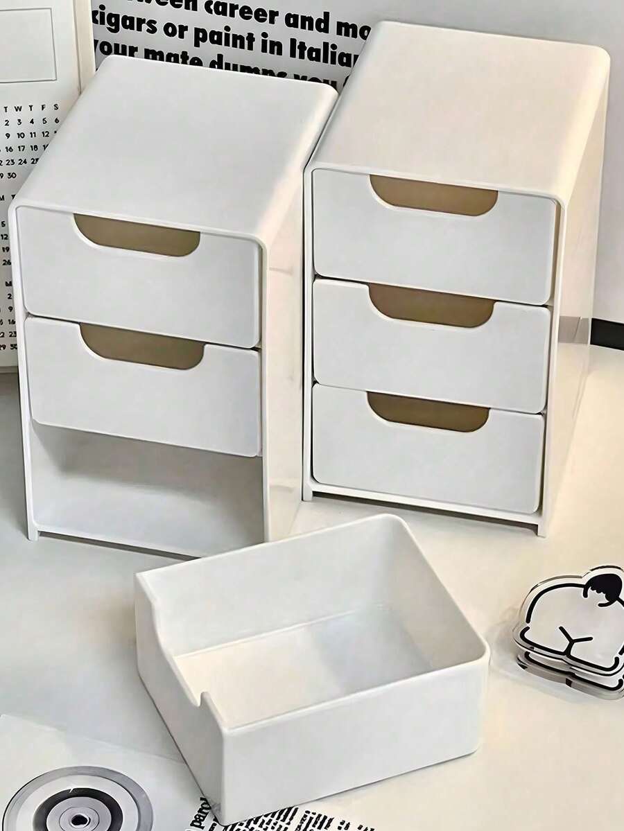 三合一迷你桌面收纳架，米色桌面化妆品收纳架，浴室梳妆台置物架，迷你三层可堆叠塑料桌面收纳架，带抽屉，现代办公用品，化妆品和珠宝收纳架，桌面储物盒，小型珠宝收纳架，适用于卧室、梳妆台、浴室、厨房、珠宝盒 - 彩色 - 查看 1