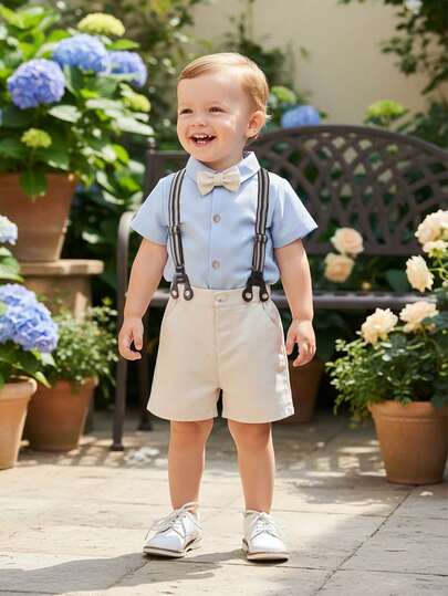 BOARNSEORL 2pcs Baby Boys Gentleman Outfit - Short Sleeve Shirt With Bow Tie And Khaki Suspender Pants, Fashionable & Cute For Birthday Party, Formal Events, Wedding