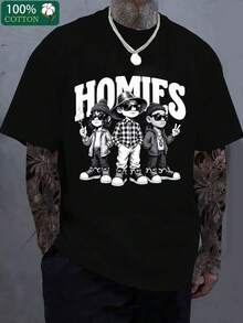 Men's 100% Cotton Streetwear T-Shirt With Cool Homies Graphic Print - Oversized Round Neck Short Sleeve Tee, Loose Fit Casual Shirt For Hip-Hop Style & All-Season, Youthful Street Style Essential - 白色 - 查看 1