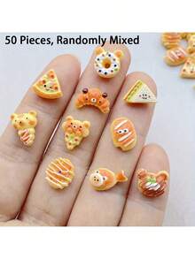 20/50/100个迷你卡通食物平底树脂装饰品，彩色手绘树脂披萨、面包、三明治和熊冰淇淋装饰，用于DIY，非贴纸，随机混合 - 多色 - 查看 8