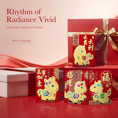 36pcs Chinese New Year Red Envelopes, Traditional Lunar New Year Lai See/Ang Pao, Suitable For 2026 Spring Festival, 6 Cartoon Horse Patterns