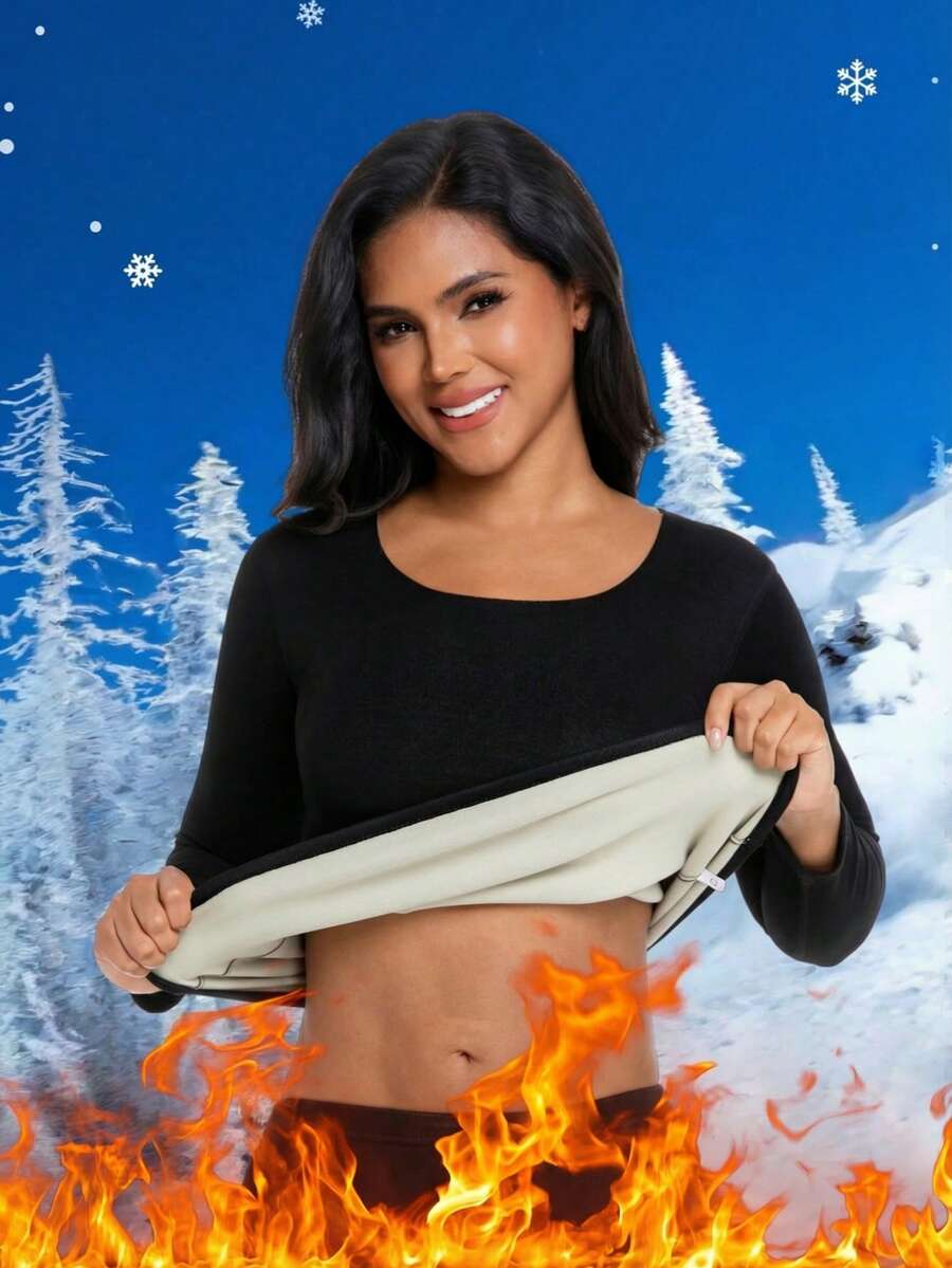 Women's Double-Sided Thermal Lined Thermal Long Sleeve Crew Neck Seamless Base Layer Top, Warm & Cozy For Autumn/Winter - Black - View 1