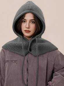 1件装女士羊毛拉法帽，户外抽绳可拆卸领滑雪保暖针织面颈防护连帽斗篷，适合冬季防寒 - A - 查看 2