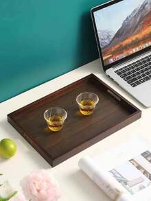 1pc Black Wooden Tray, Suitable For Food, Cake, Salad, Fruit, Sushi, Beverage, Steak, Pizza, Grain Texture Matte Finish, Suitable For Cafe, Home, Dessert, Tea, Bread, Snack And Cup - Coffee Brown - View 5