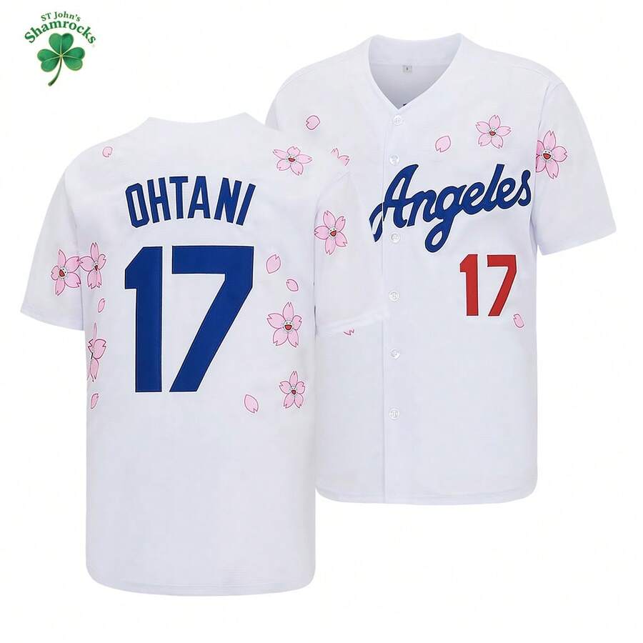 Men's #17 Shohei Los Angeles Baseball Jersey,Japan Version With Cherry Blossom Printed Design, Letter Embroidery T-Shirt,World Baseball Classic Fan Gift - 白色 - 查看 1