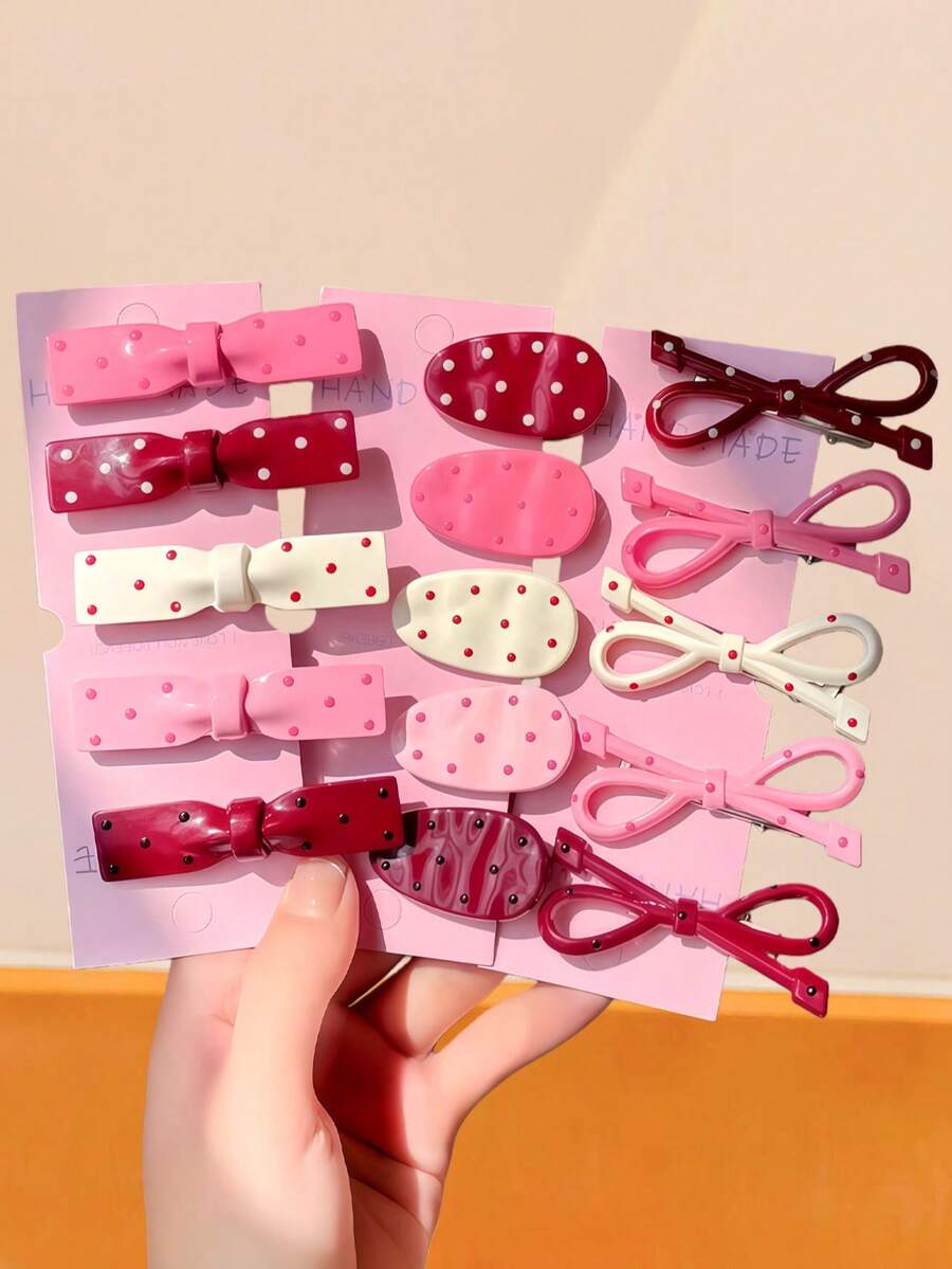 16pcs/Set French Style Polka Dot Hair Clips, Bow And Oval Shaped, Add Charming Elegance To Hairstyles - Suitable For Girls And Women, Random Styles, Fit For Campus, Party Or Daily Looks Needing Cute Pink Vibes. Wear These Adorable Hair Accessories To Let Your Girlish Charm Shine., Claw Clips, Hair Claws, Hair Slide, Hair Barrettes, Fall Fashion, Bows, Valentines Accessories - Multicolor - View 1