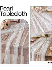 1 Peça Caminho de Mesa de Tule Estilo Boêmio 72*300cm, Decorado com Pérolas Falsas, Adequado para Chá de Bebê, Arco de Casamento, Decoração de Chá de Noiva, Mesa de Sobremesa, Casamento, Banquete, Festa e Outras Ocasiões - Tecido Branco Elegante - Multicolorido - Visão 6