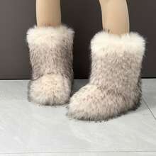 Botas de mujer de piel sintética efecto degradado Y2K, botas de exterior esponjosas y peludas, botas de nieve de moda de media pantorrilla - Beis - Ver 5