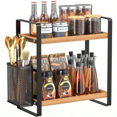 Kitchen Storage Organisation - 2 Tier Spice Rack With Basket, Suitable Coffee Station Organizer, Kitchen Organizer