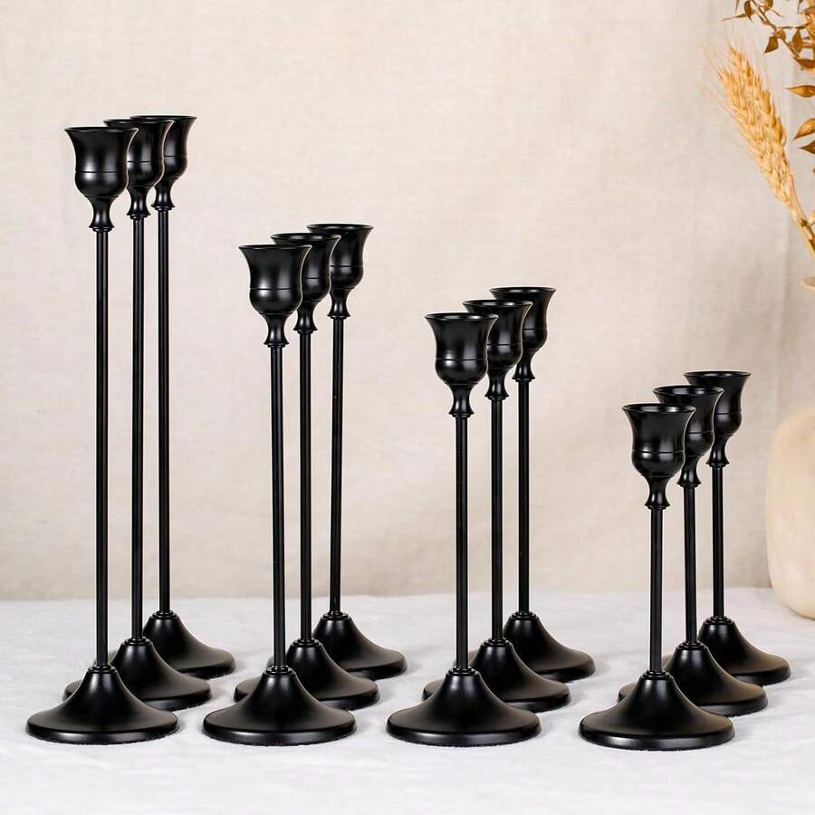 WAXJJDW 12/6/30/24pcsElegant & Romantic European Dinner Candles, 6pcs Tabletop Candlestick Holders, Metallic Cone Candle Holders, Room Decor, Home Decoration,Wedding - 黑色 - 查看 1