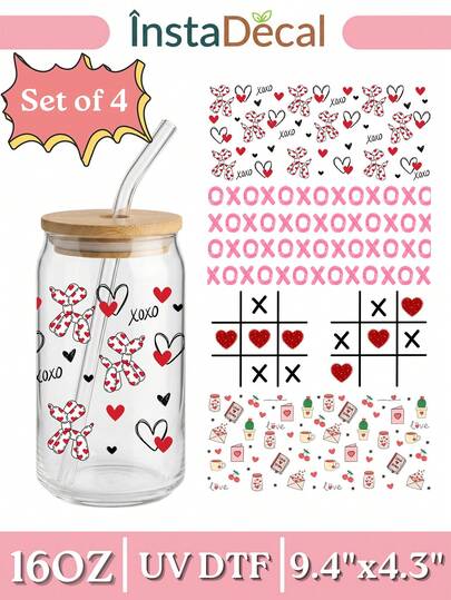 4 st/set Alla hjärtans dag UV DTF överföringsklistermärken, söta rosa hjärtan och XOXO rub-on överföringar för 16oz glasburkar, vattentäta 3D DIY-dekaler present till henne (9,4x4,3 tum)