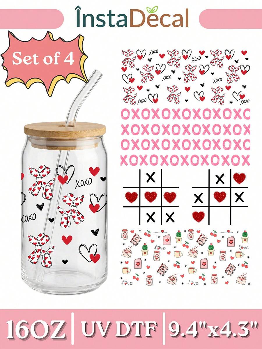 4 st/set Alla hjärtans dag UV DTF överföringsklistermärken, söta rosa hjärtan och XOXO rub-on överföringar för 16oz glasburkar, vattentäta 3D DIY-dekaler present till henne (9,4x4,3 tum) - Alla hjärtans dag05 - Visa 1