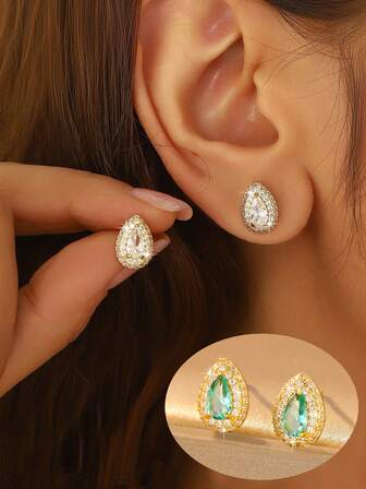 1对女士水滴形锆石耳钉，白色和绿色锆石，简约时尚，适合日常佩戴，也可作为情人节礼物